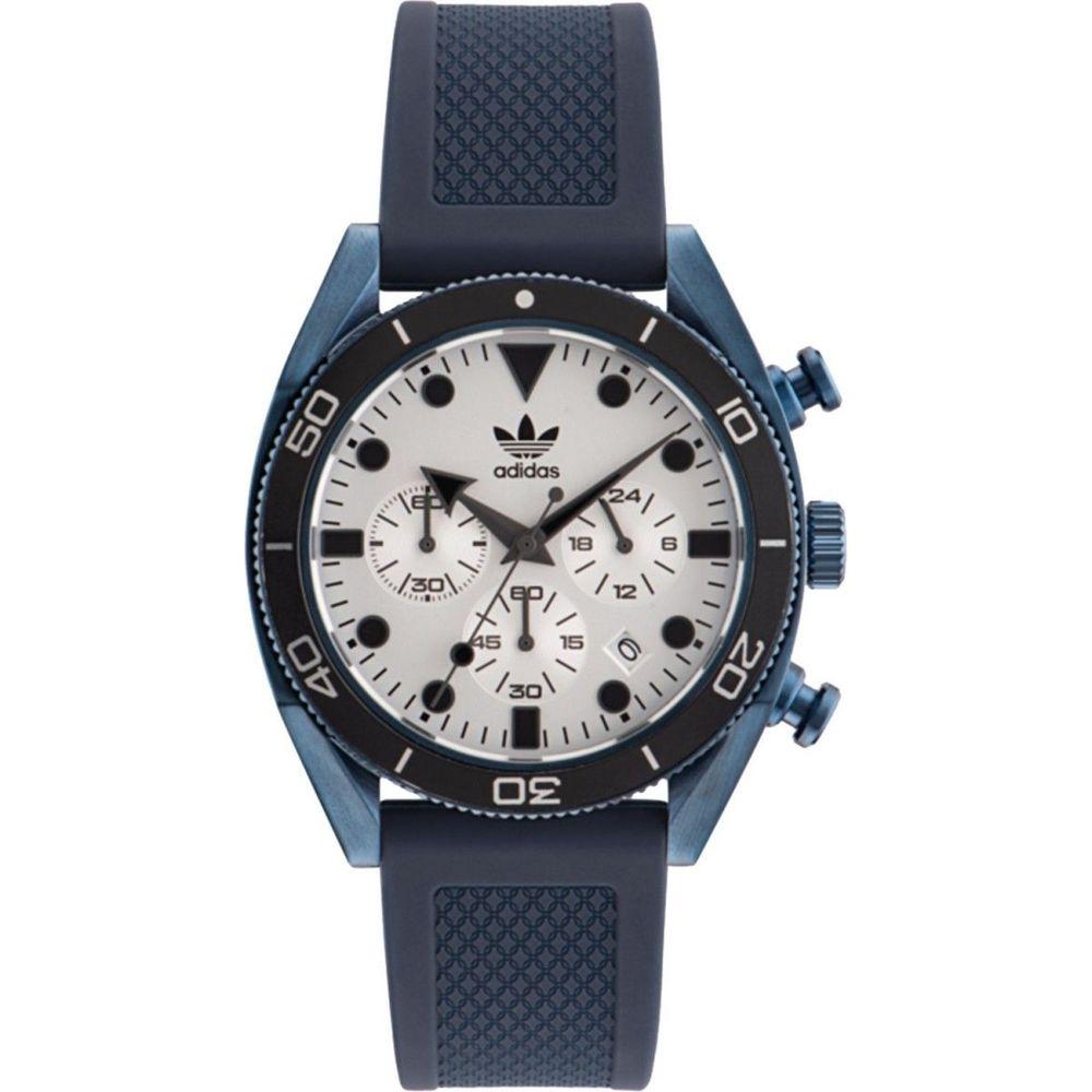Adidas black synthetic watch with blue stainless steel case, white dial, black silicone bracelet, quartz mechanism, analog display
