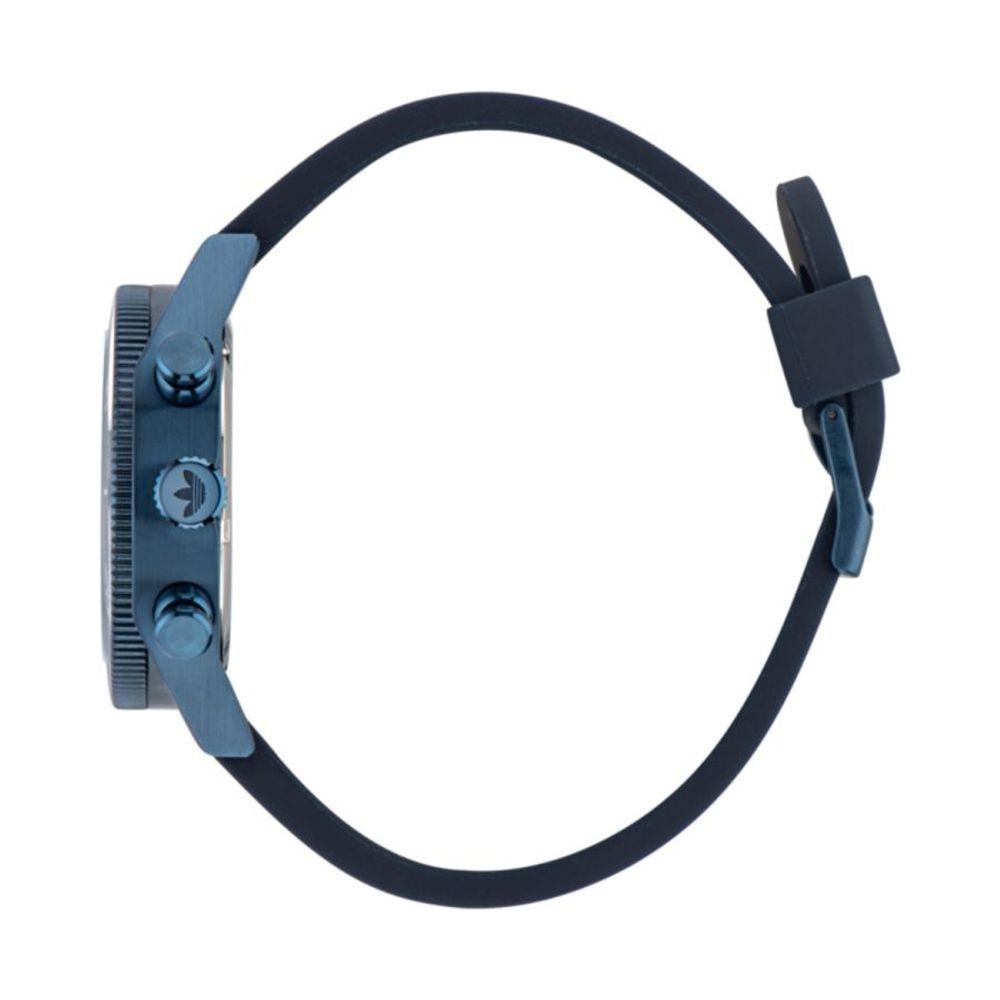 Side view of Adidas Black Synthetic Watch with blue stainless steel case, black silicone bracelet, and mineral glass. Quartz mechanism, 10ATM.