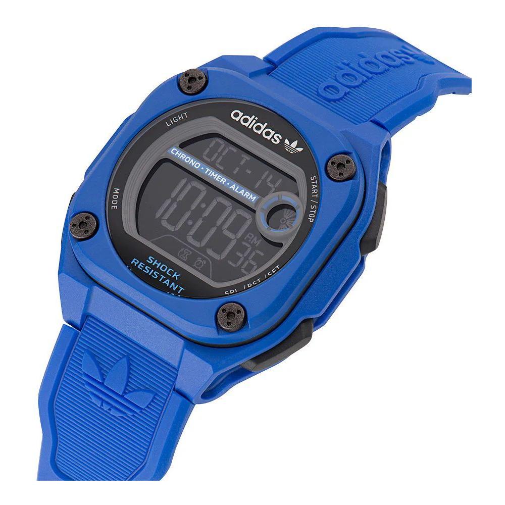 Adidas blue synthetic digital watch with quartz mechanism, resin case, silicone strap, black dial, 10ATM water resistance.