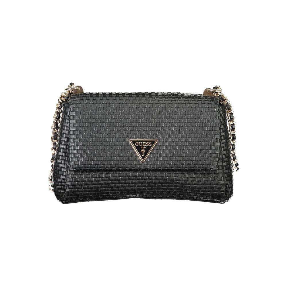 Guess Jeans black polyethylene women's handbag with dual-chain shoulder handles and textured design.