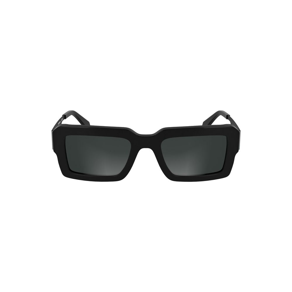 Calvin Klein black acetate women's sunglasses with rectangular lenses and modern design.