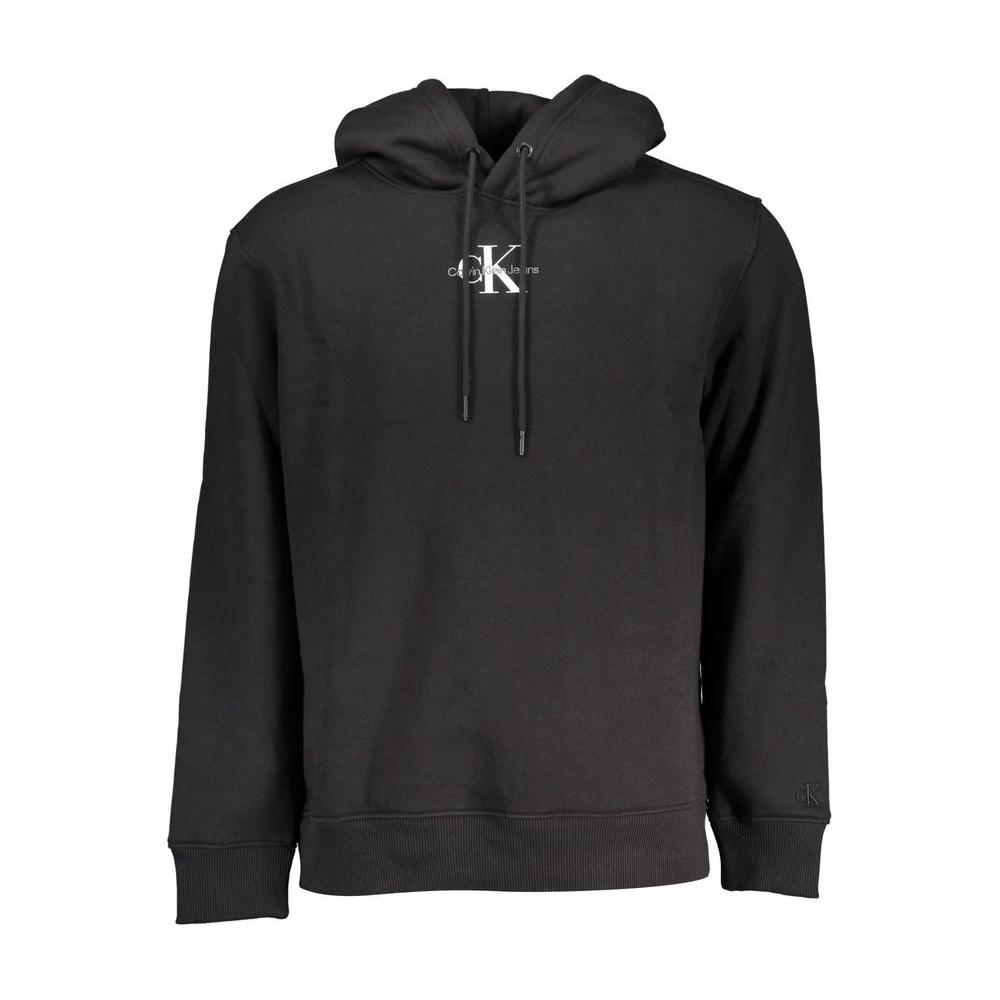 Calvin Klein black cotton men's hooded sweater with logo embroidery, combining comfort and sustainable design with 20% recycled material.