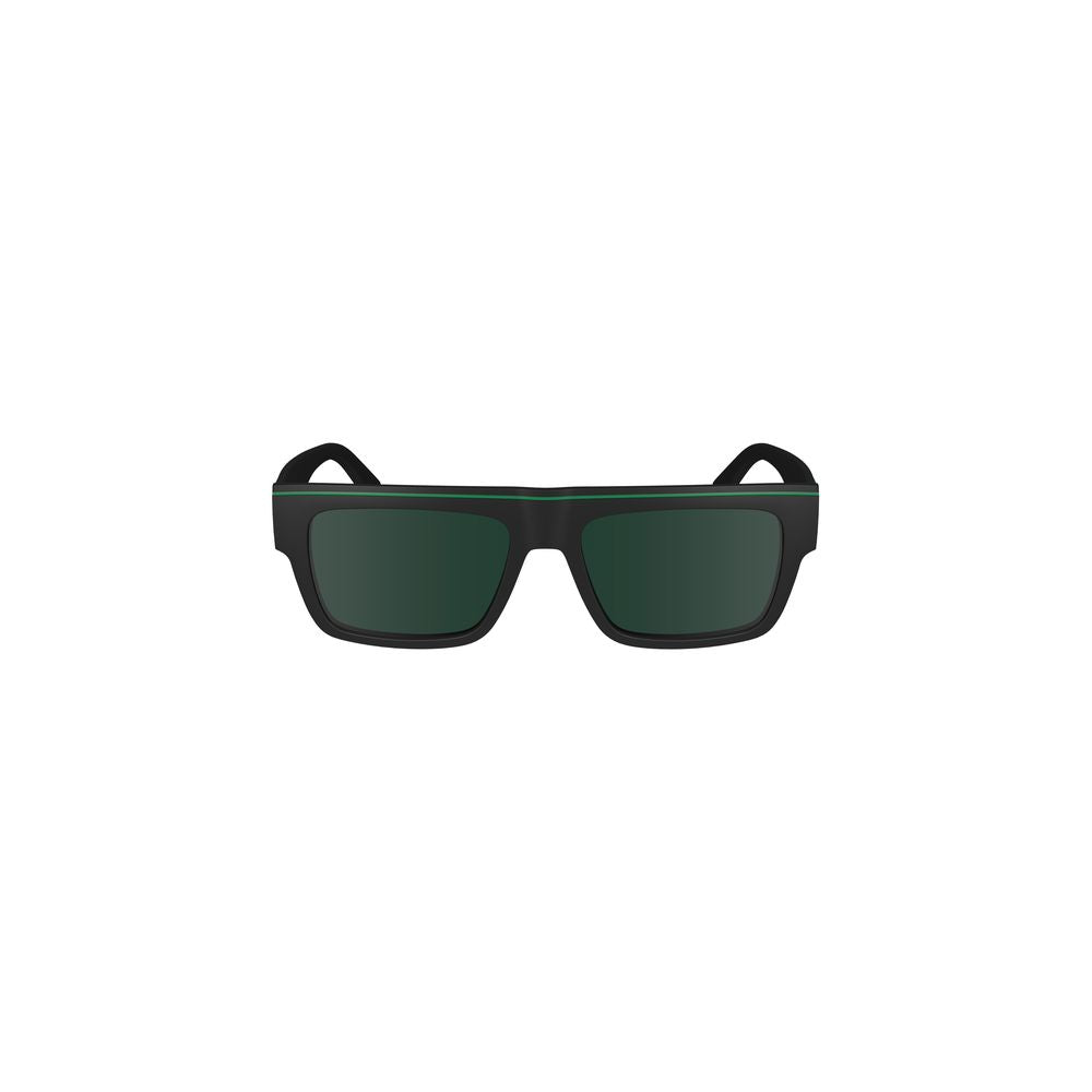 Calvin Klein black rectangular sunglasses with plastic frame, black lenses, logo, lens width 55mm, bridge 17mm, temple 145mm.