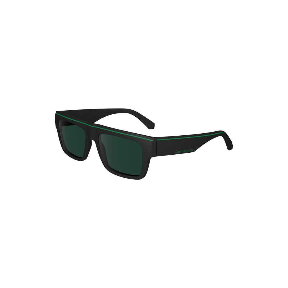 Calvin Klein black rectangular sunglasses with injected plastic frame, contrast details, 55mm lens width, 17mm bridge, 145mm temple.