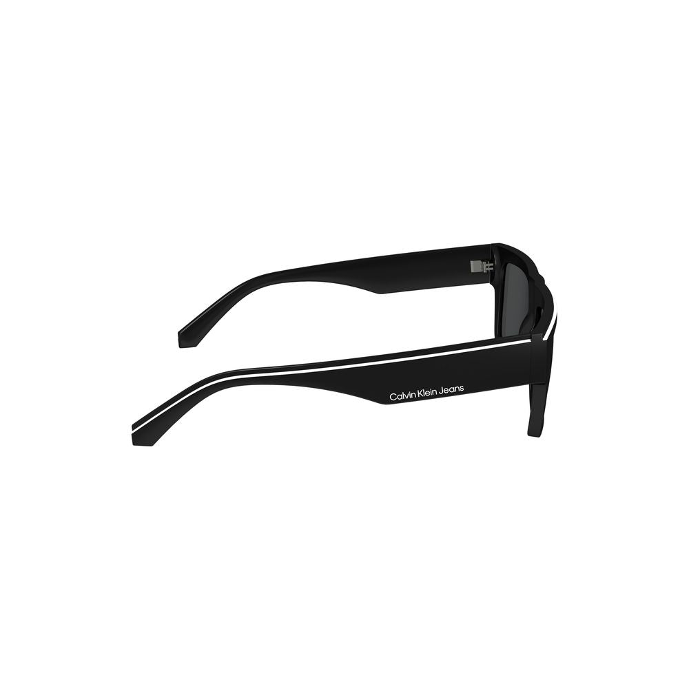 Calvin Klein black rectangular sunglasses with contrast details, logo on temples, plastic frame, 55mm lenses, bridge width 17mm, temple length 145mm.