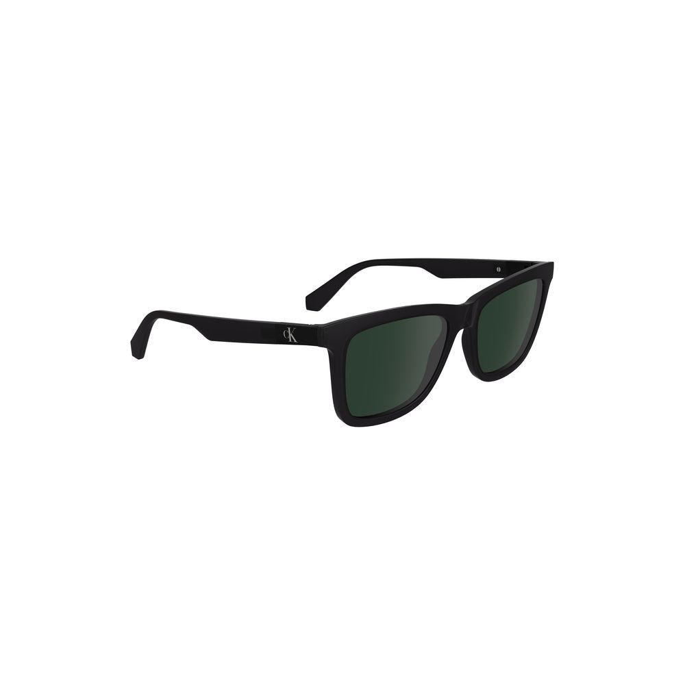 Calvin Klein black plastic sunglasses with square black lenses, 54mm width, 17mm bridge, 140mm temple, featuring logo.