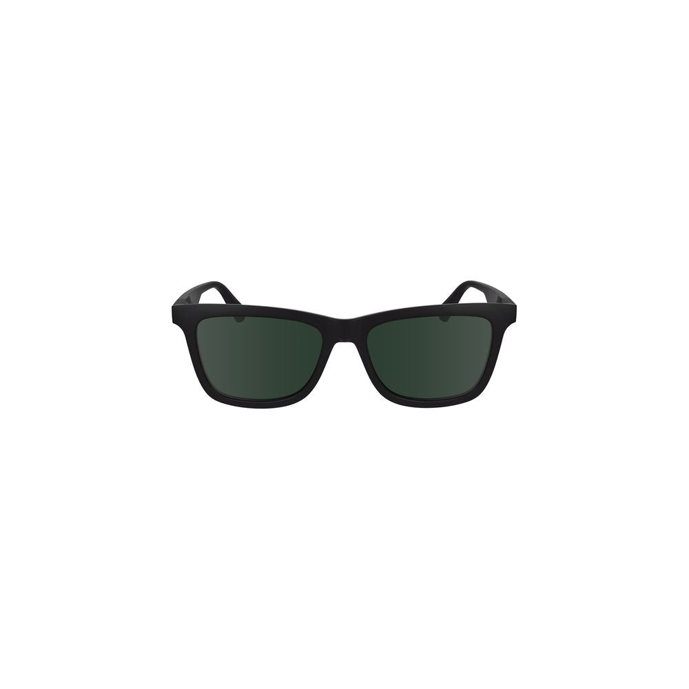 Calvin Klein black plastic sunglasses with square black lenses, injected frame, 54mm lens width, 17mm bridge, and 140mm temple.