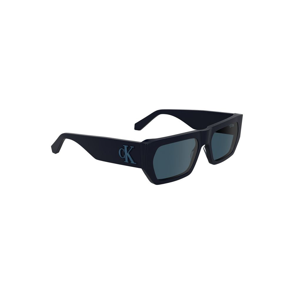 Calvin Klein blue acetate women sunglasses, rectangular eco-friendly frames with logo and blue lenses, for a sleek, sophisticated look.