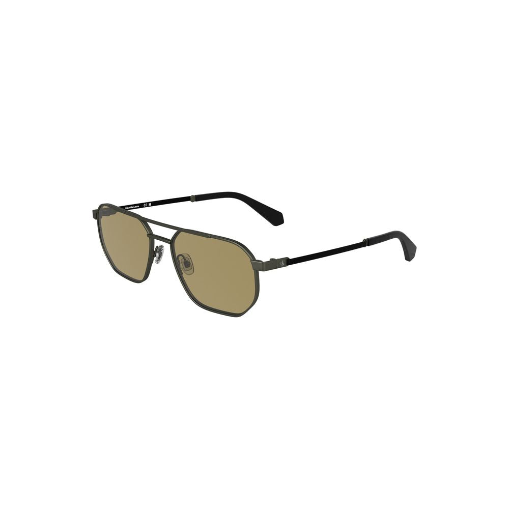 Calvin Klein bronze metal men's sunglasses with square lenses and brown tint, featuring sleek design and modern craftsmanship.