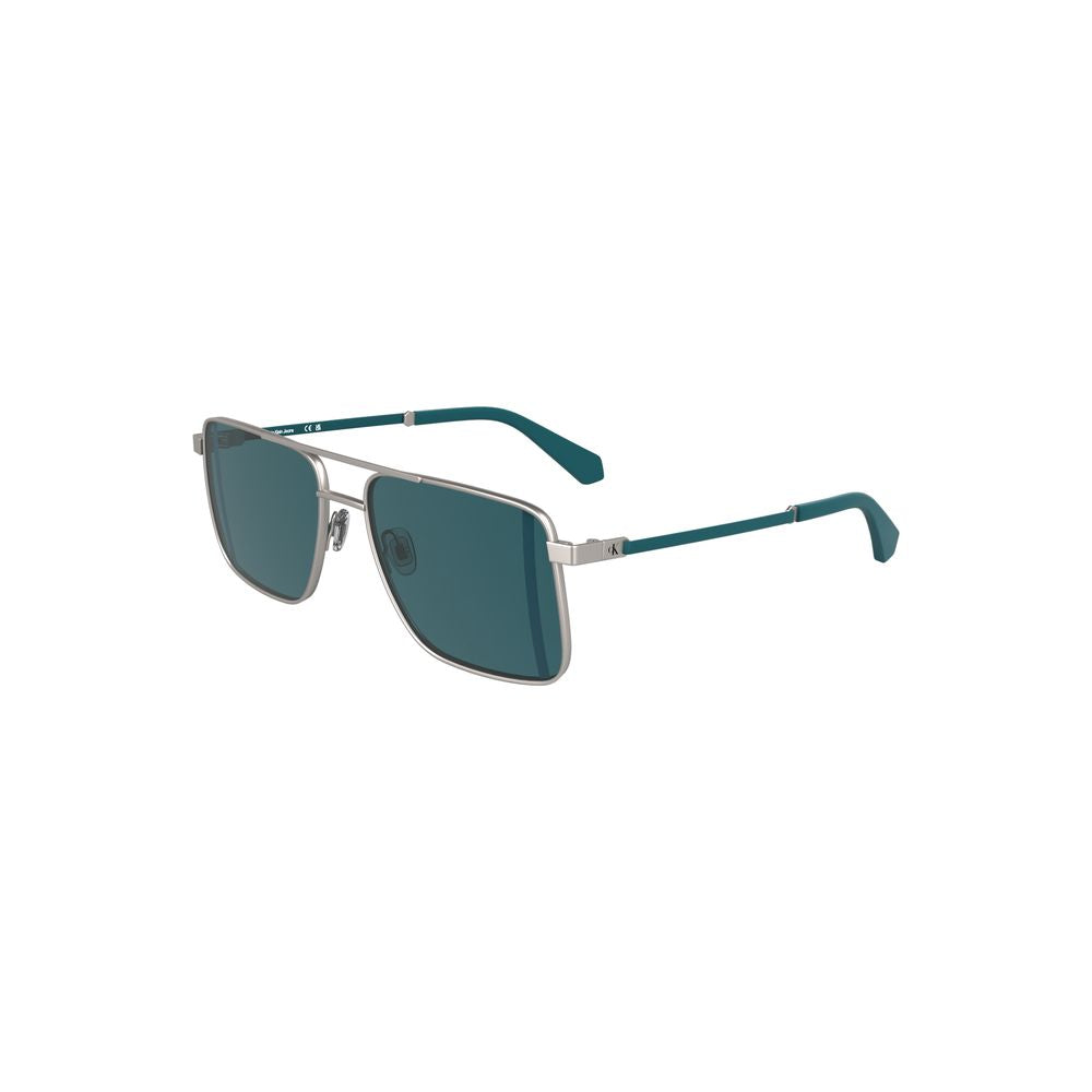 Calvin Klein gray metal men's sunglasses with blue lenses and square shape, showcasing modern style and sophistication.
