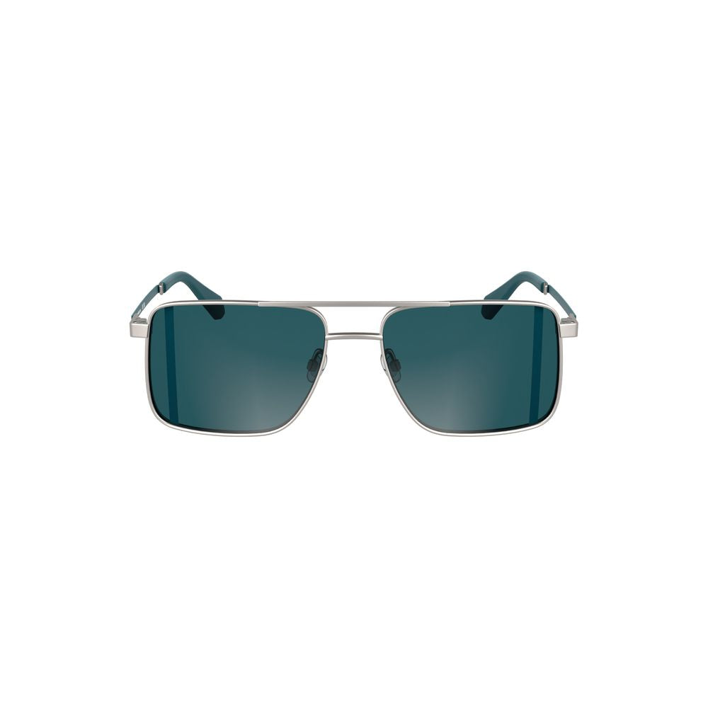 Calvin Klein gray metal men's sunglasses with square blue lenses, perfect for contemporary style and sophistication.