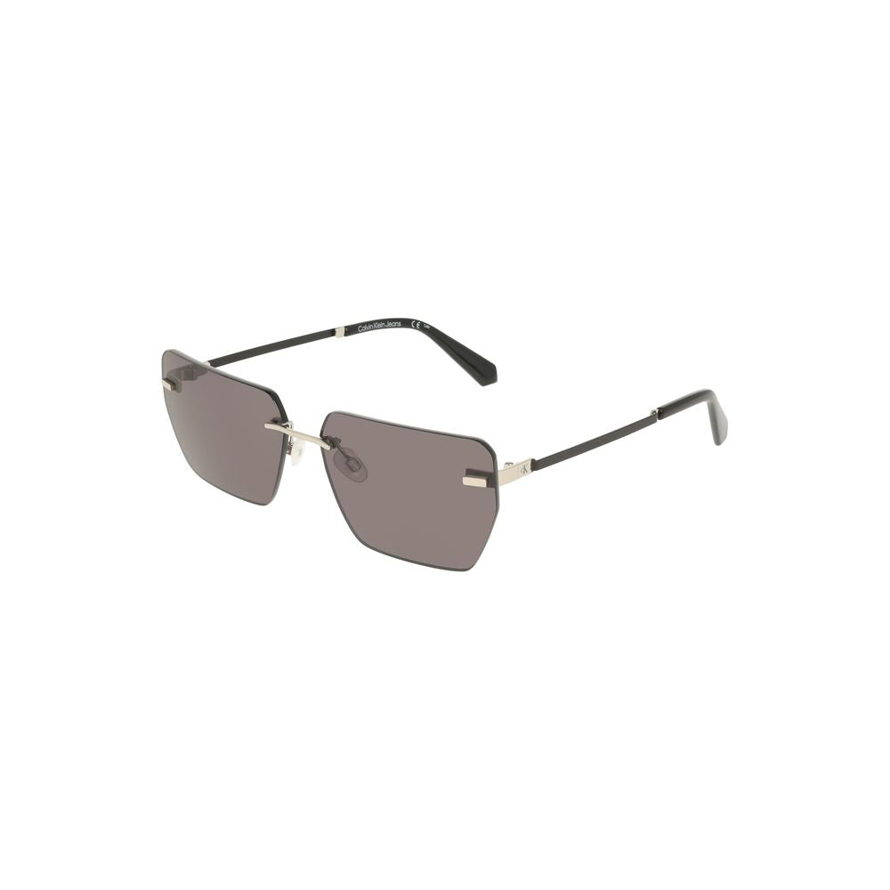 Calvin Klein gray metal sunglasses featuring square lenses and sleek design, perfect for stylish UV protection.