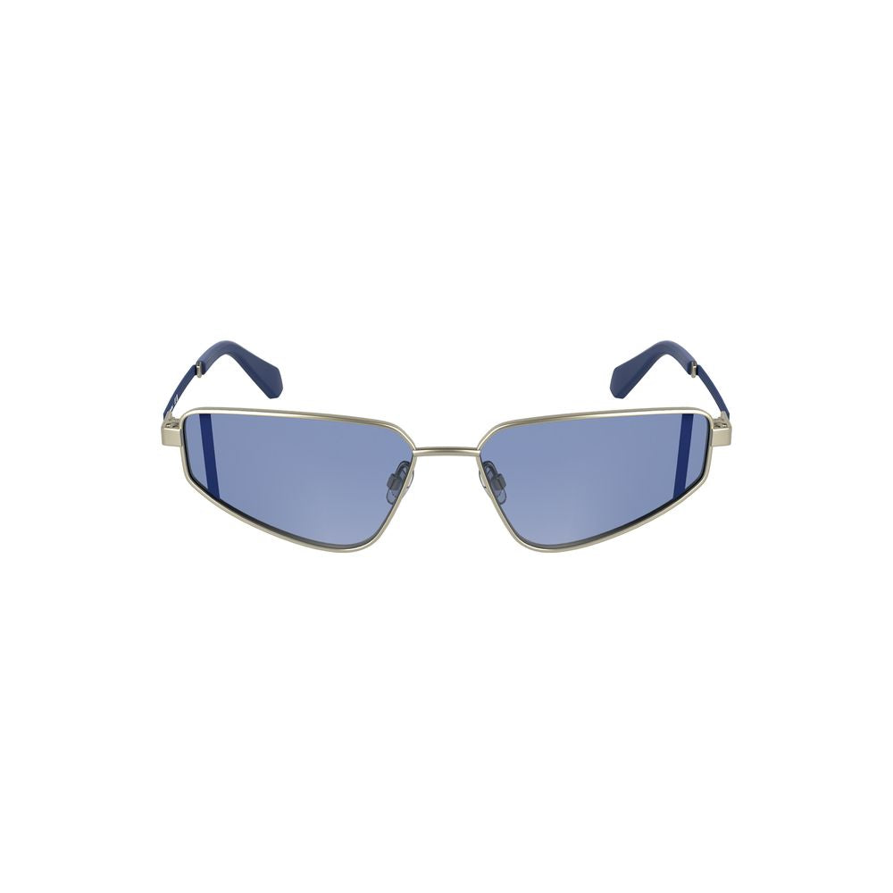 Calvin Klein gray metal women's sunglasses with unique blue rectangular lenses, perfect for a stylish, sophisticated look.