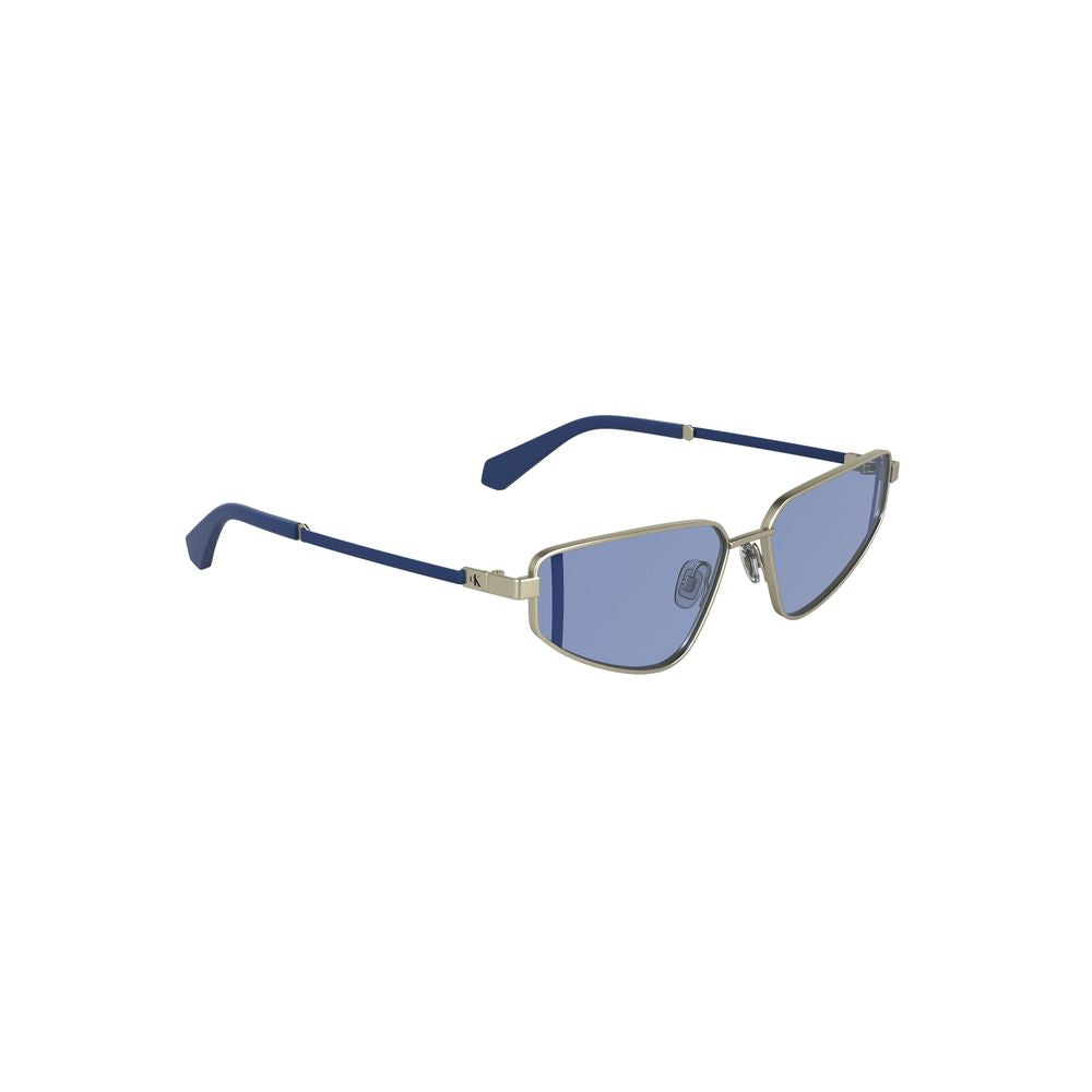 Calvin Klein gray metal women sunglasses with blue rectangular lenses and iconic logo, stylish and sophisticated fashion accessory.