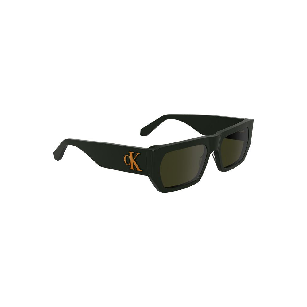 Calvin Klein green acetate men's sunglasses with rectangular lenses, featuring a bold design and sustainable bio acetate material.