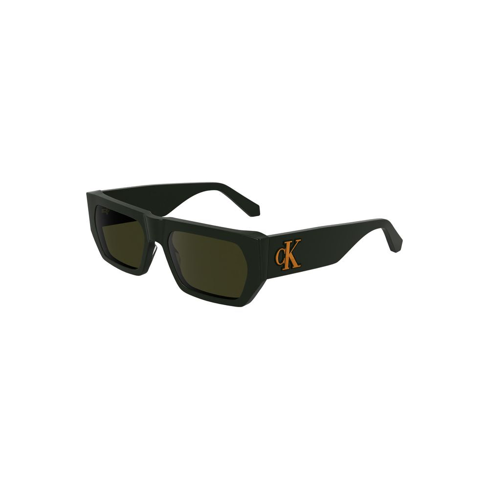 Calvin Klein green acetate men's sunglasses with rectangular lenses and gold logo, eco-friendly design for bold style statement.
