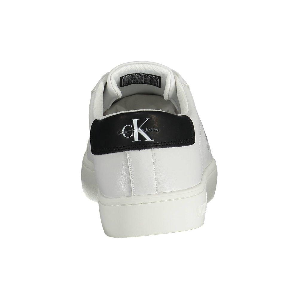 Back view of Calvin Klein white recycled polyester men's sneaker showing black logo detail and sustainable design.