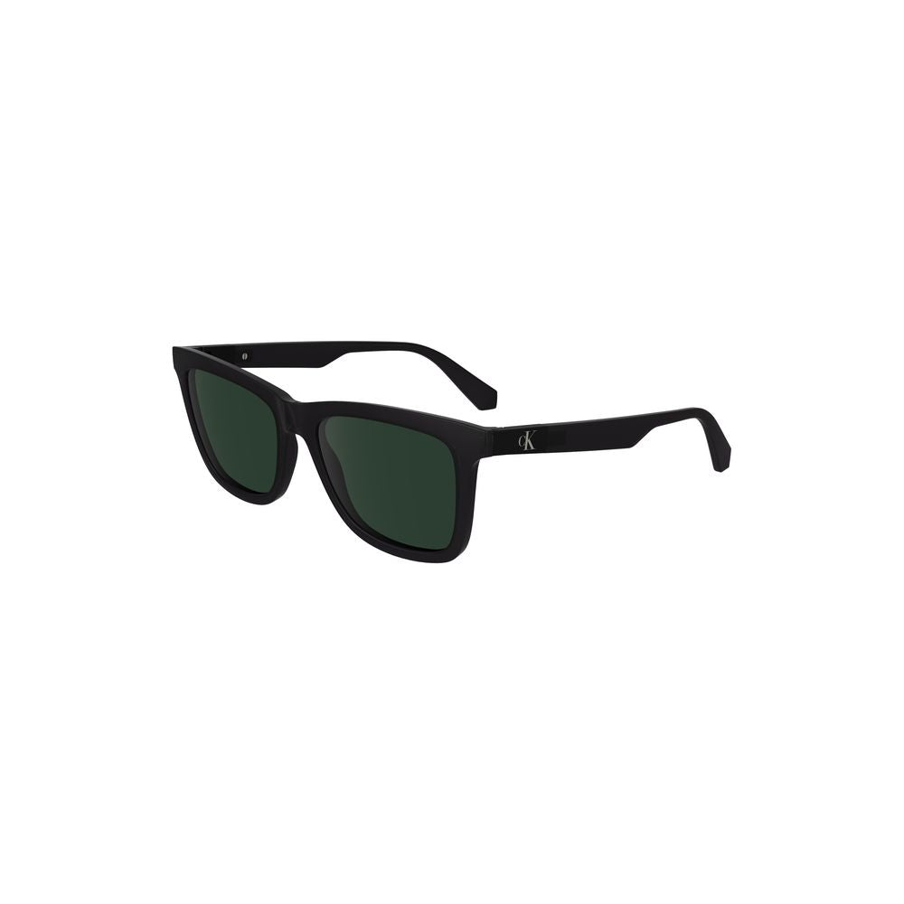 Calvin Klein black plastic sunglasses with square black lenses, 54mm lens width, 17mm bridge, 140mm temple length, logo on temples.