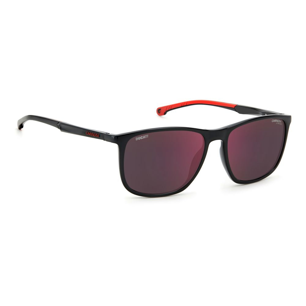Carrera Ducati black resin sunglasses with red accents, 57/17/145mm, offering 100% UV protection for men.