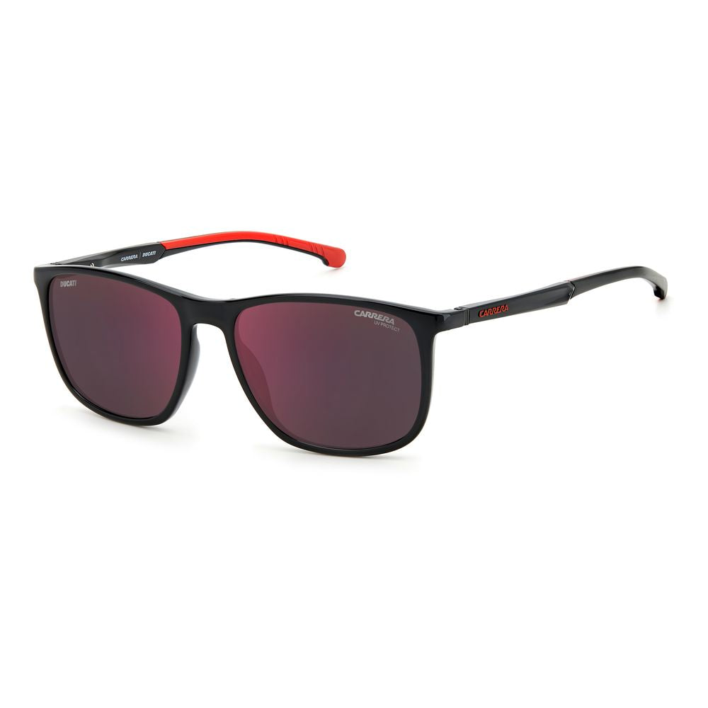 Carrera Ducati black resin sunglasses with red accents, 57/17/145 mm, providing 100% UV protection for men.