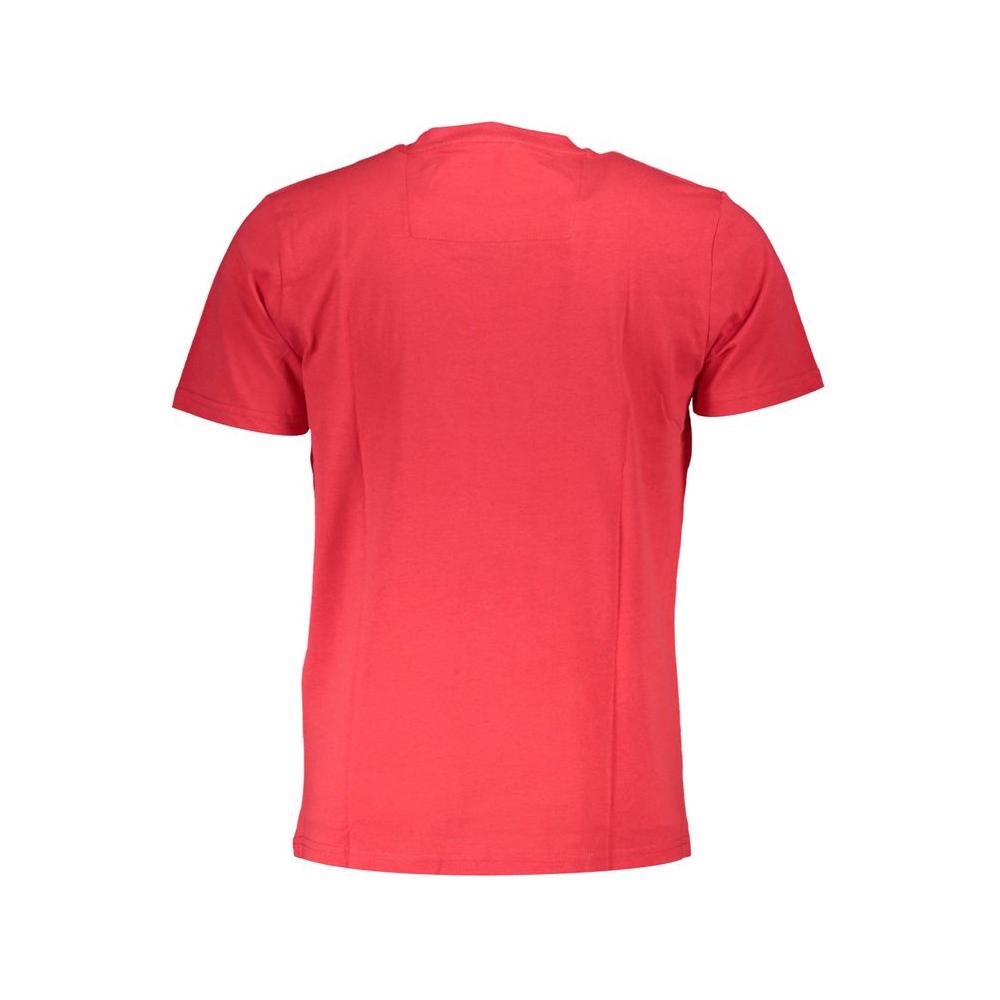 Back view of Cavalli Class red cotton men's T-shirt, with short sleeves and crew neck, showcasing stylish Italian design.