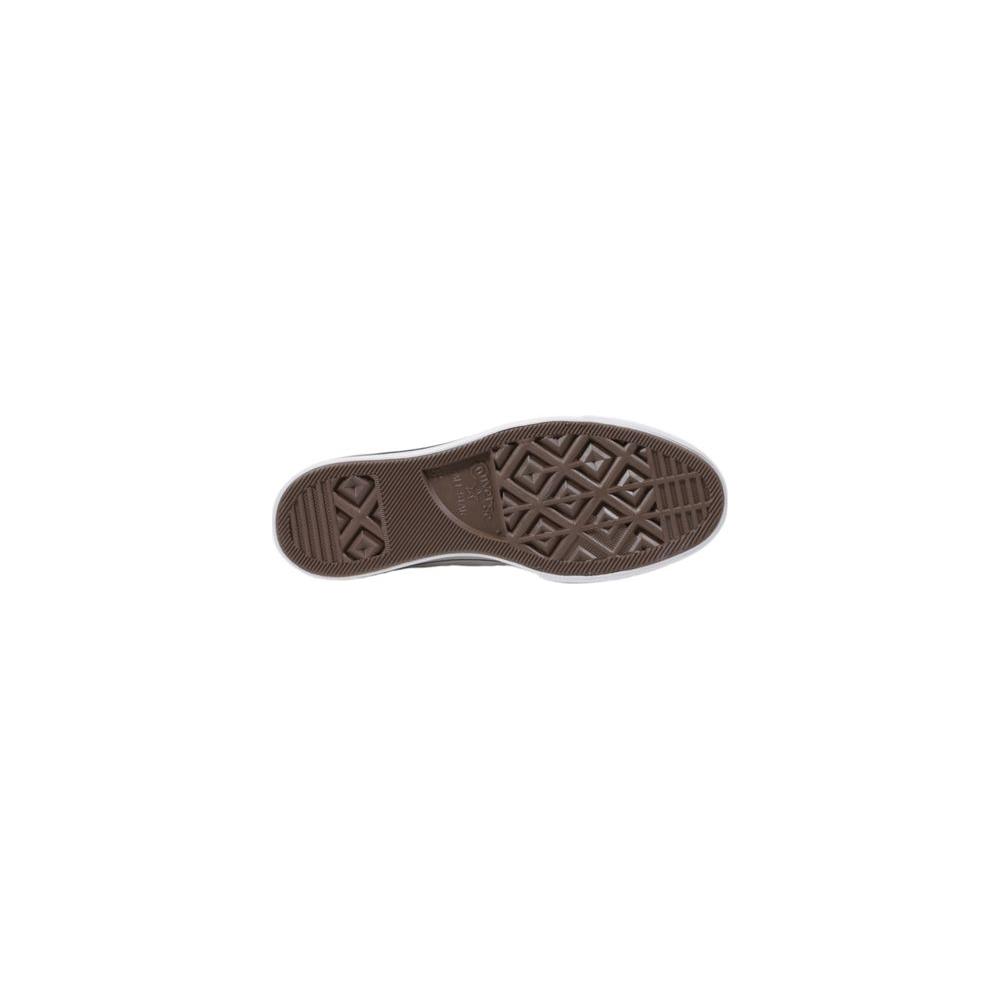 Bottom view of Converse white polyester sneaker showcasing flat sole design with iconic tread pattern for style and comfort.