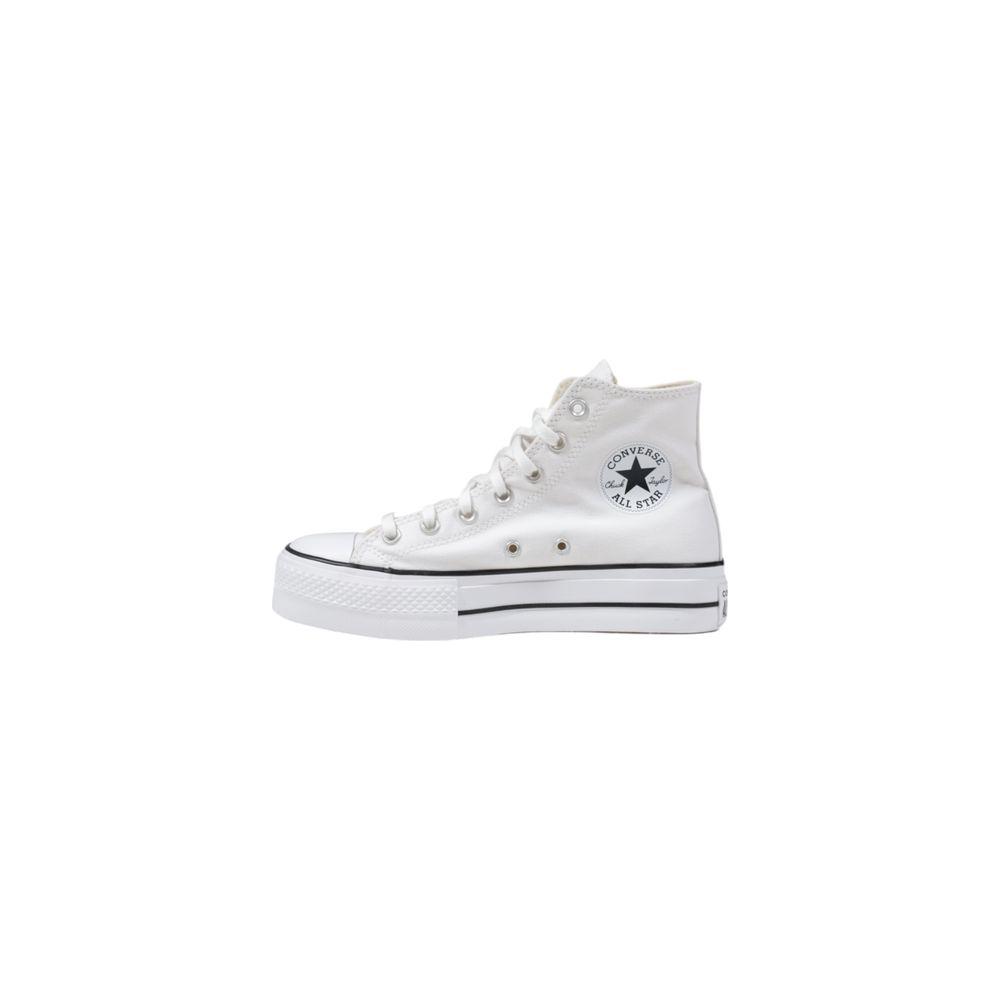 Converse white polyester high-top sneaker with flat sole, combining style and comfort for versatile casual and relaxed wear.