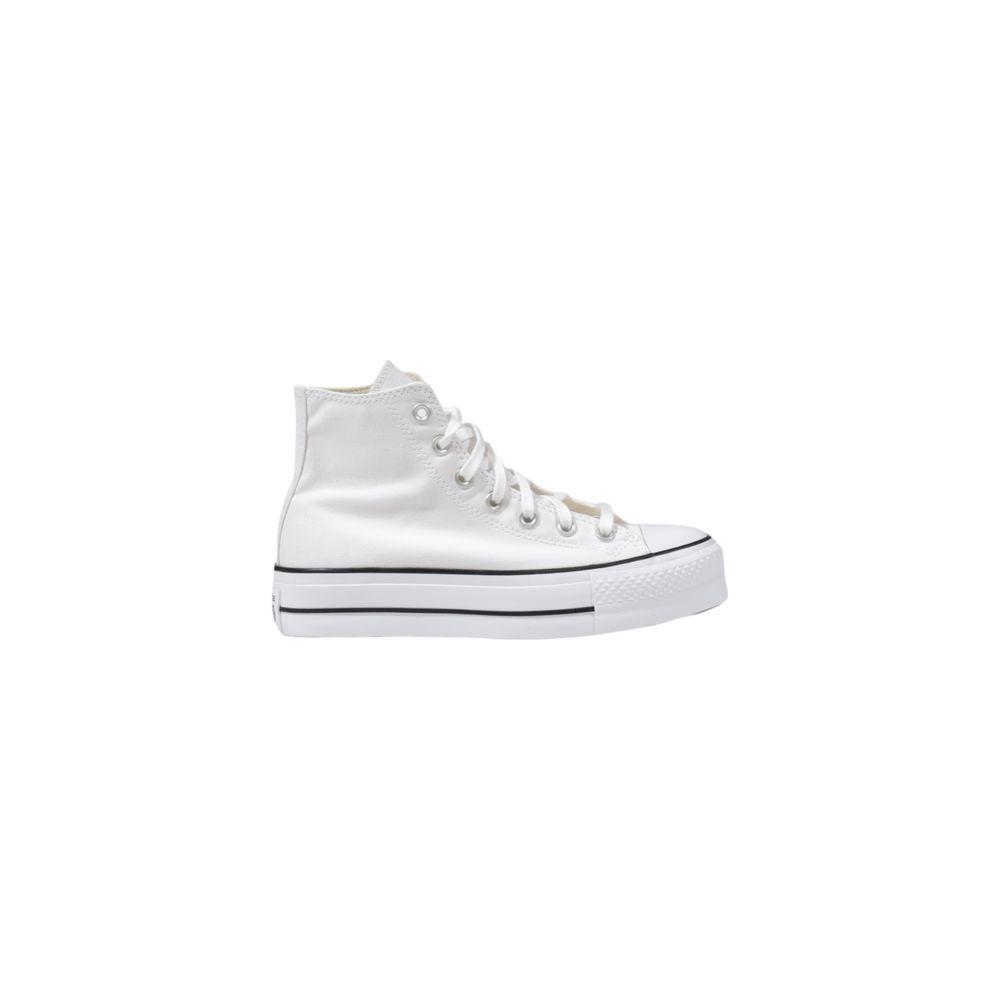Converse white polyester high-top sneaker with platform sole, offering style and comfort for casual outings and events.