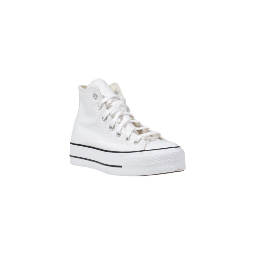 Converse white polyester platform high-top sneaker with flat sole, showcasing style and comfort for versatile casual wear.