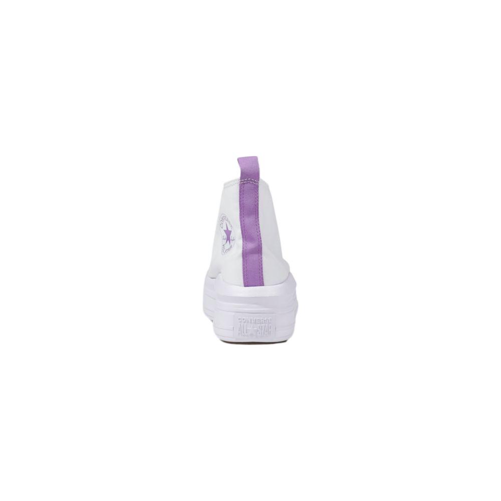 Back view of Converse white fabric sneaker with purple accents, designed for women, made from 100% fabric.