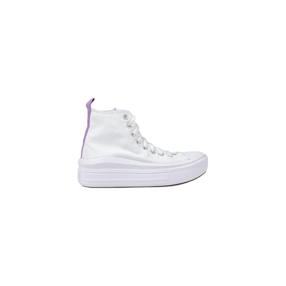 Side view of Converse white fabric women's sneaker with purple detail, 100% fabric composition, stylish and versatile casual shoe.