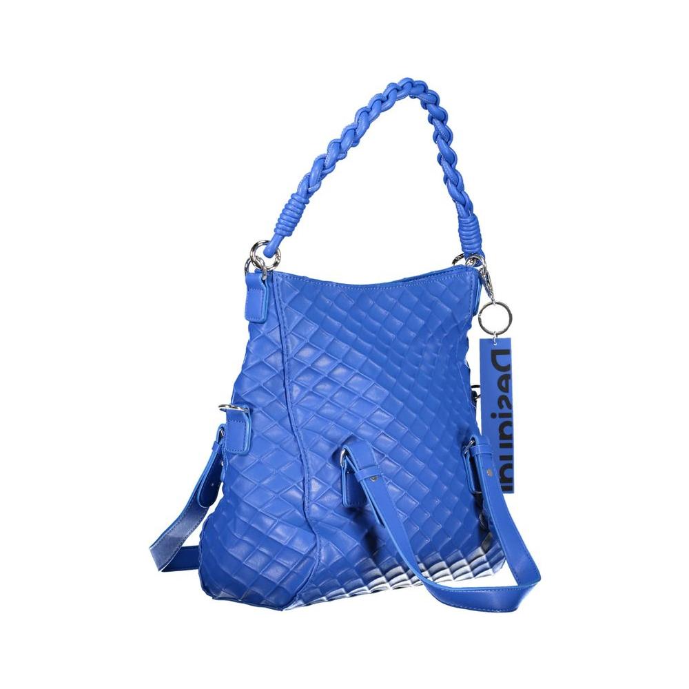 Desigual blue polyethylene handbag with braided handle and detachable strap, featuring unique textured pattern for versatile style.