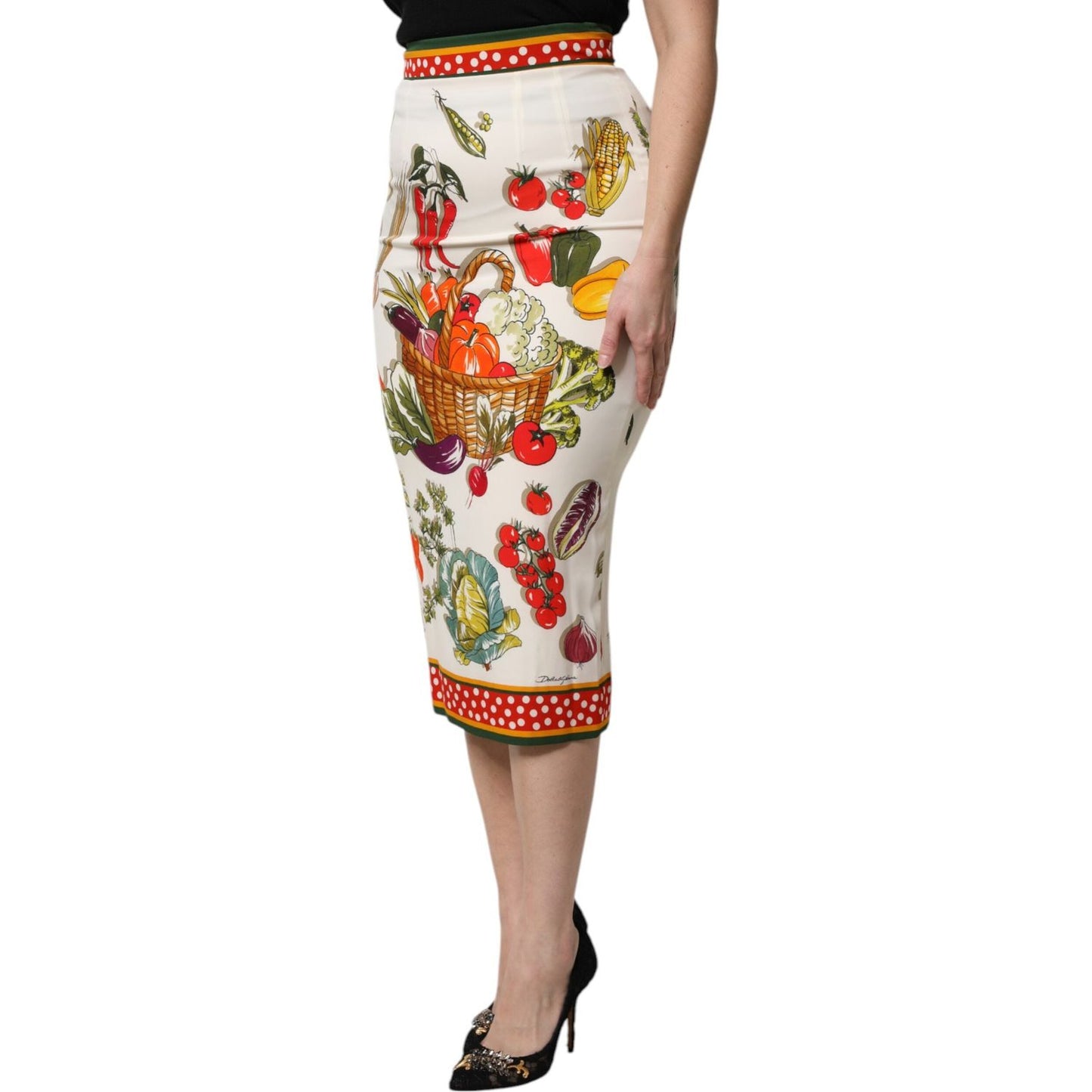 Dolce & Gabbana multicolor high waist pencil cut midi skirt with vibrant vegetable print, 91% silk, made in Italy.