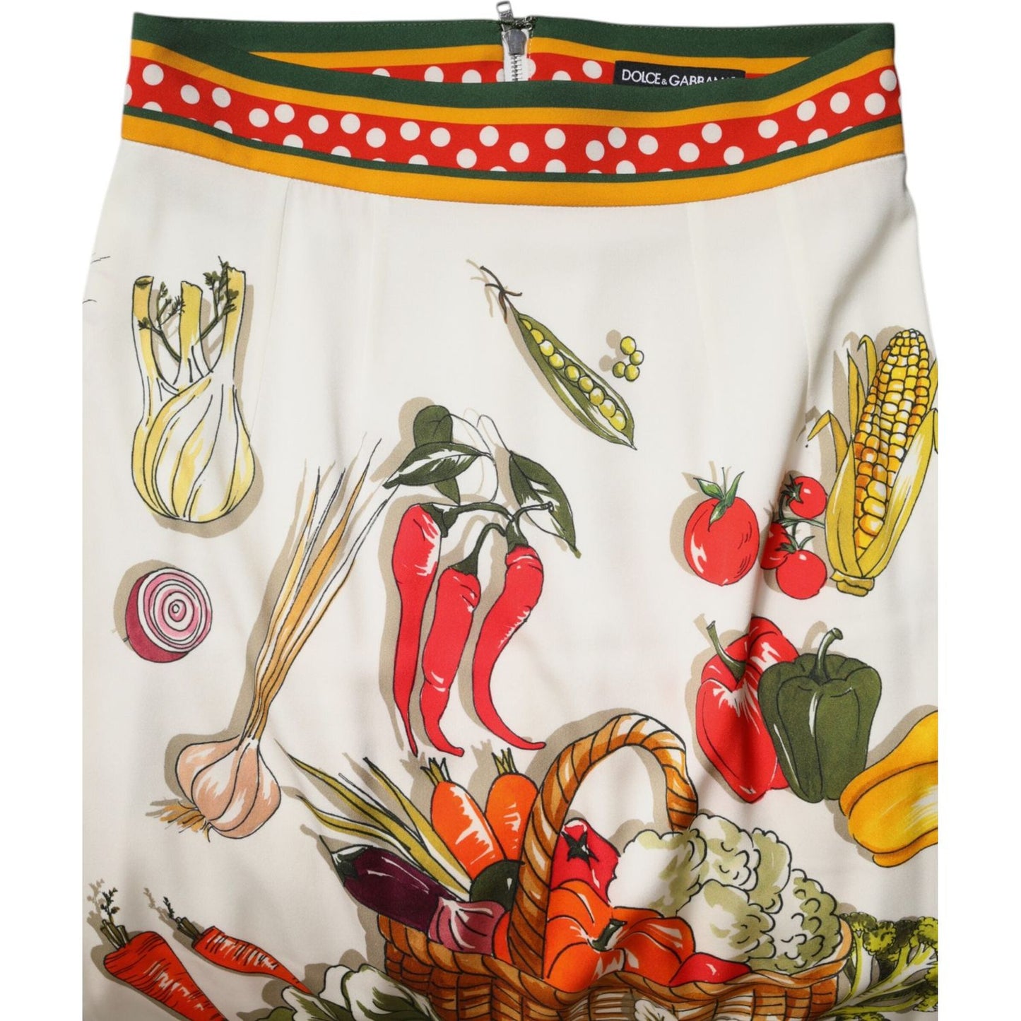 Dolce & Gabbana multicolor high waist midi skirt with vegetable print, 100% silk blend, zipper closure, Italian craftsmanship.