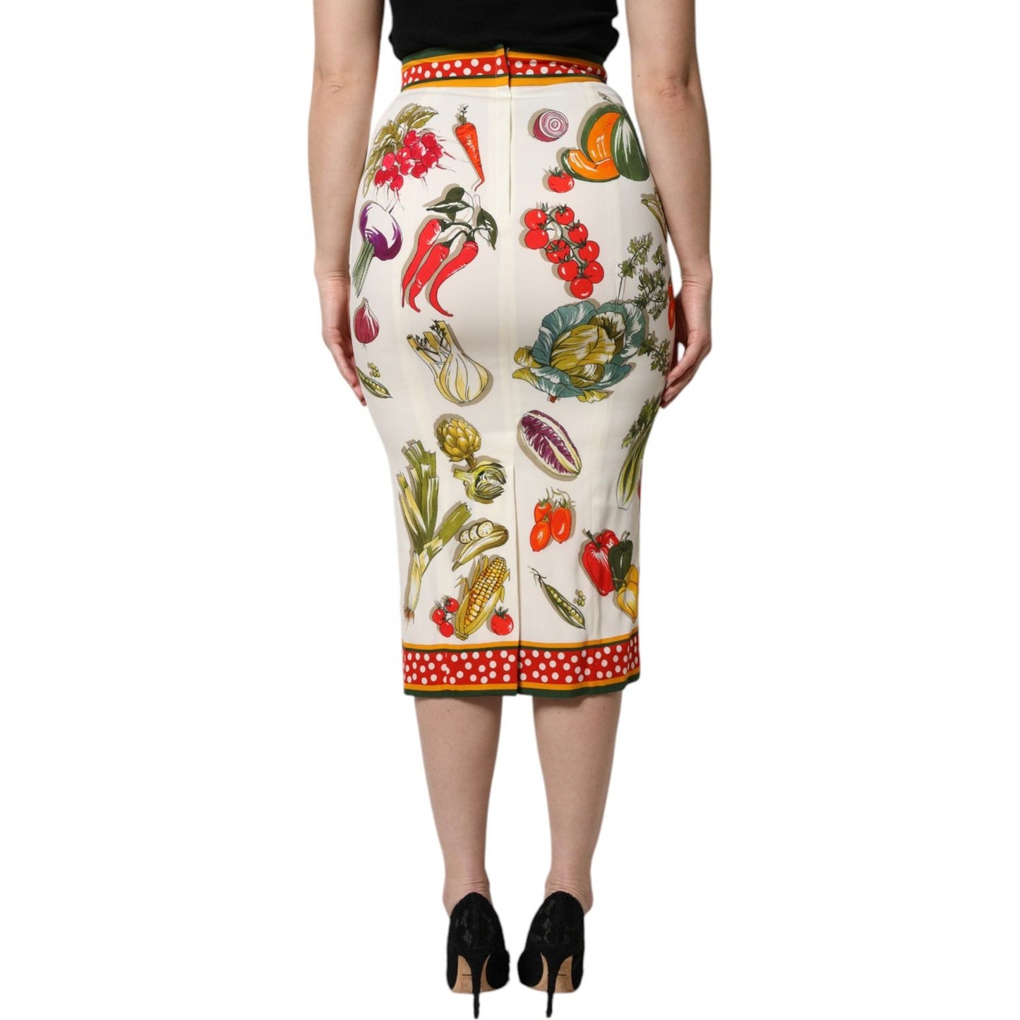 Dolce & Gabbana multicolor high waist pencil cut midi skirt with vegetable print, silk-blend, zipper closure, back view