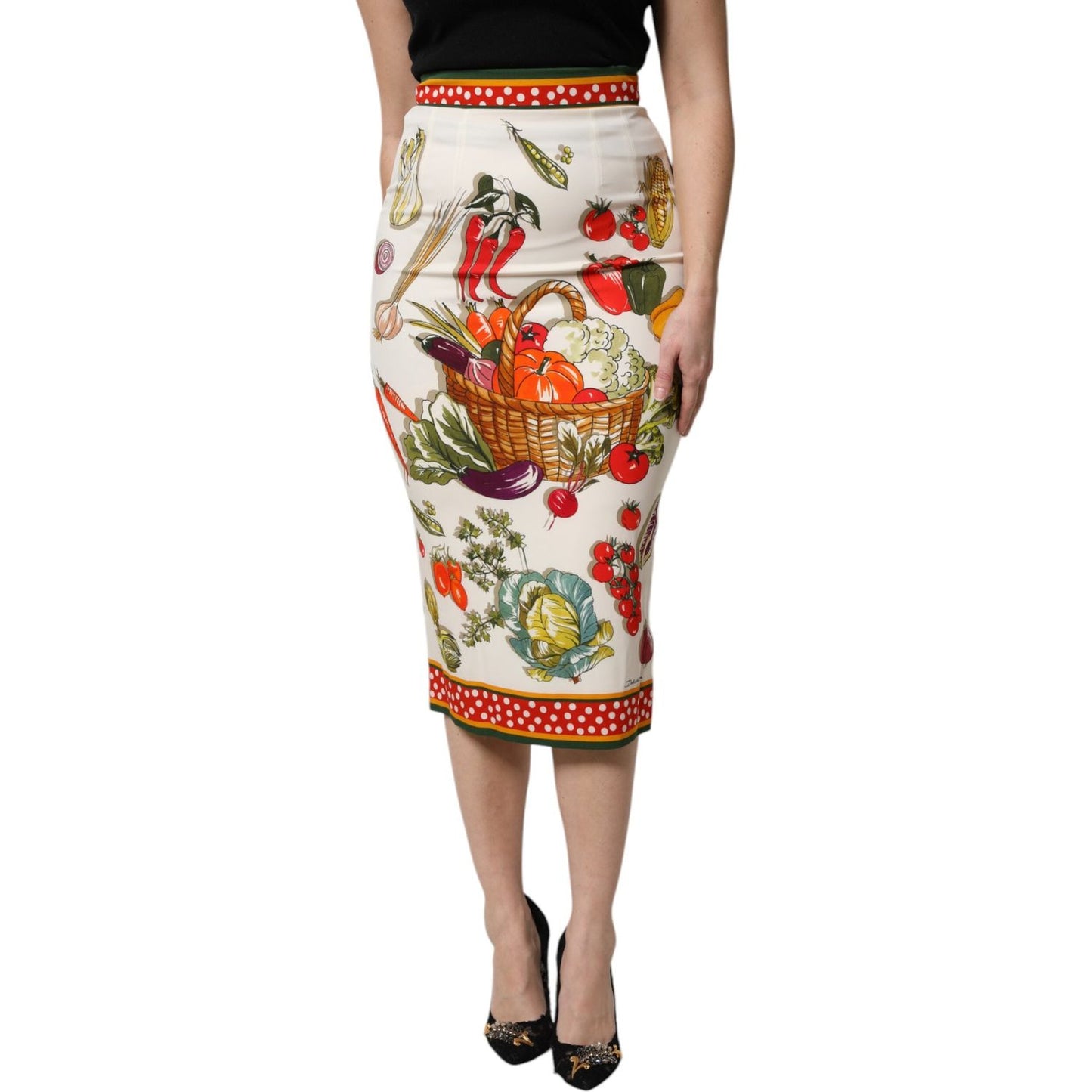 Dolce & Gabbana multicolor high waist pencil cut midi skirt with vegetable print, made of silk and elastane, side view.