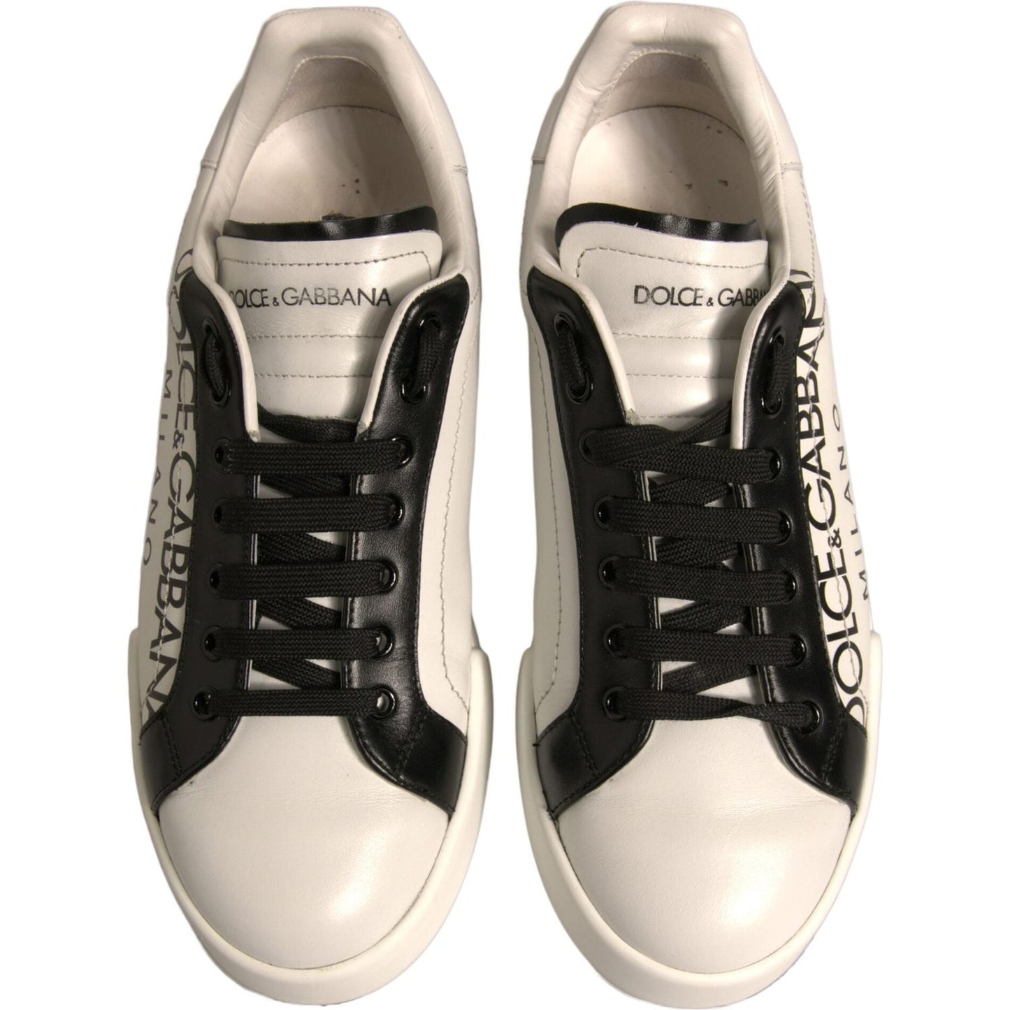 Dolce & Gabbana White Black Leather Crown Milano Sneakers with Logo, Lace-up Closure, Rubber Sole. Luxury Italian Footwear.