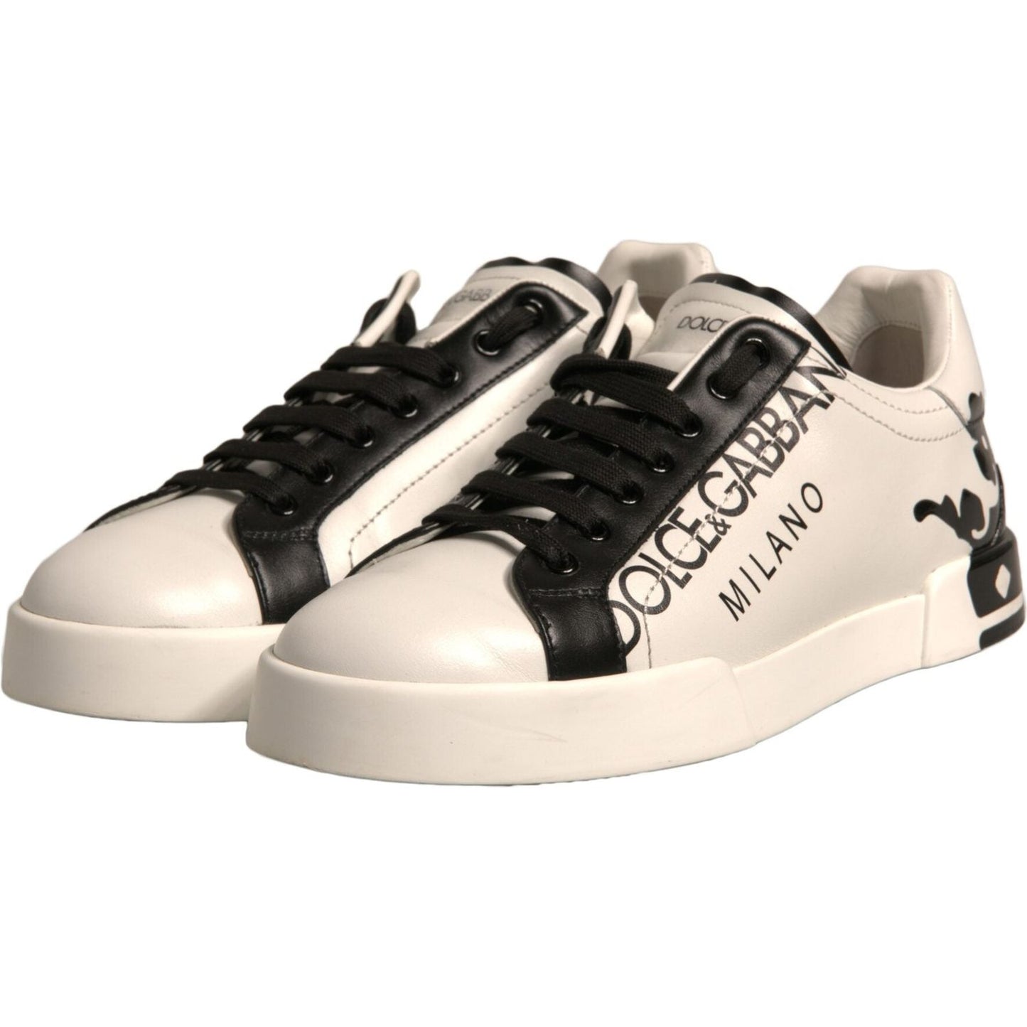 Dolce & Gabbana White Black Leather Crown Milano Sneakers with rubber sole, lace-up closure, and logo details