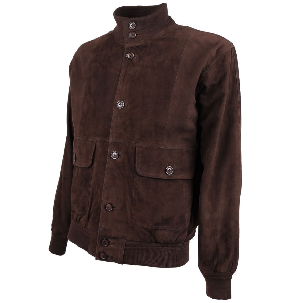 Emilio Romanelli brown calfskin suede bomber jacket with button closure, ribbed cuffs, and front button pockets.