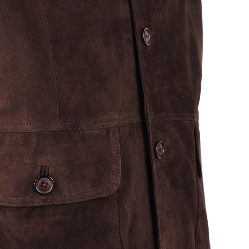 Close-up of Emilio Romanelli brown calfskin suede bomber jacket with button pocket and detailed stitching.