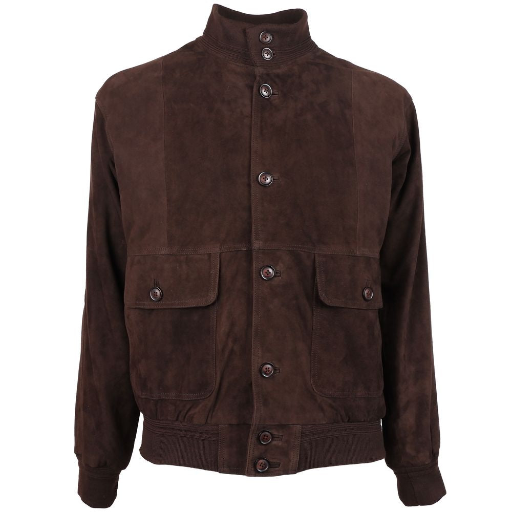 Emilio Romanelli brown calfskin suede bomber jacket with button closure and ribbed cuffs. Features button pockets and lined interior.