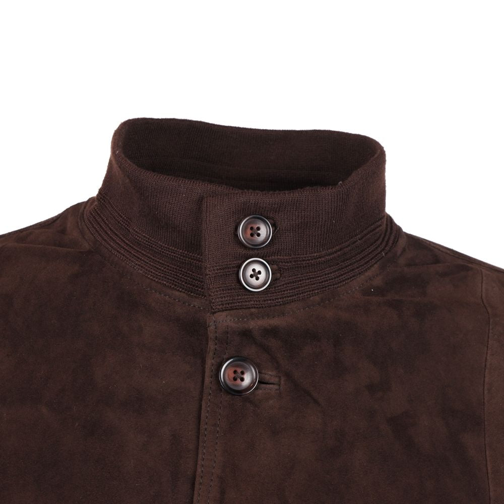 Emilio Romanelli brown calfskin suede bomber jacket with button closure and ribbed collar detail.