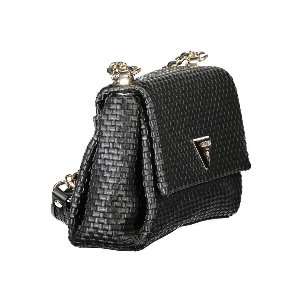 Guess Jeans black polyethylene women's handbag with dual-chain shoulder handles, featuring a textured design for stylish functionality.