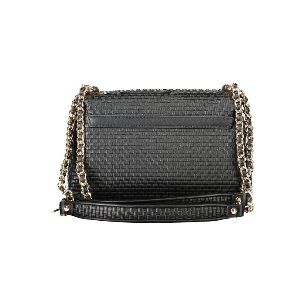 Guess Jeans black handbag with dual-chain shoulder straps, showcasing a stylish woven design and sleek functionality.