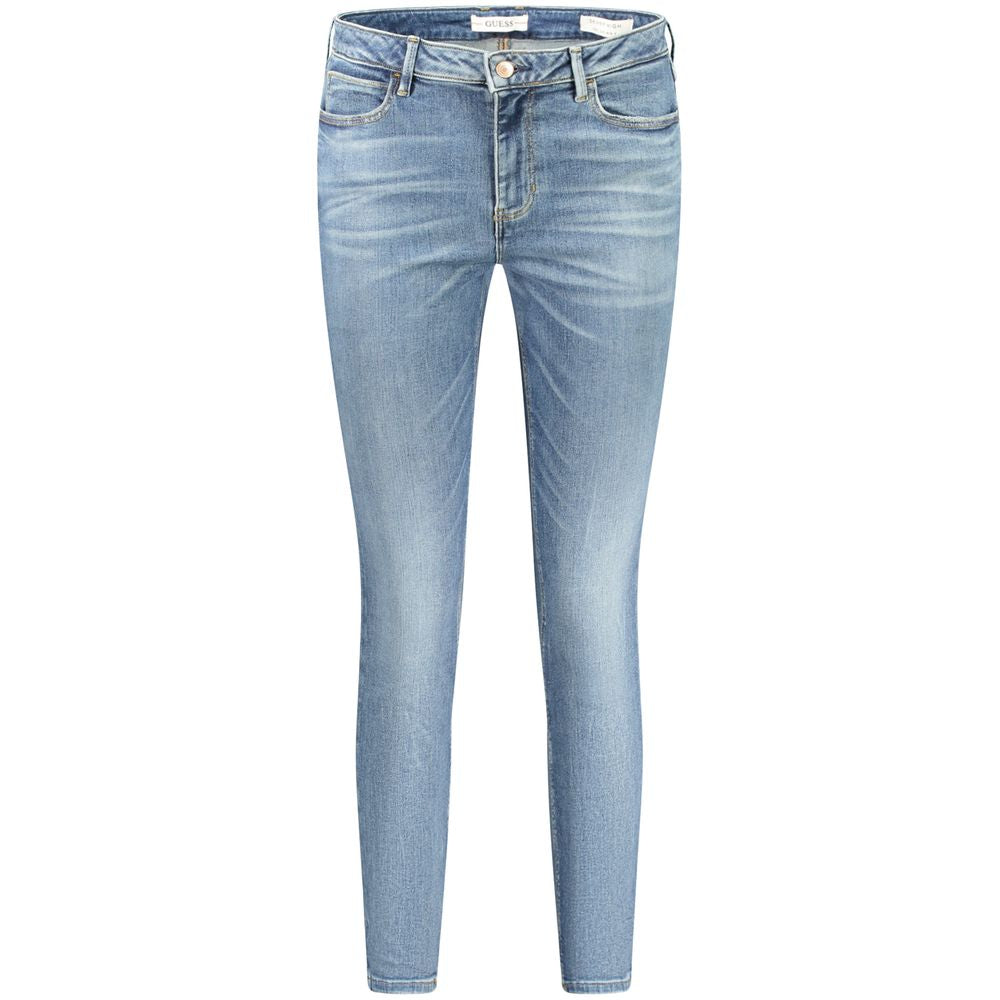 Guess Jeans blue skinny high jeans with 5 pockets, button, zip, washed effect, and logo, made from recycled cotton.