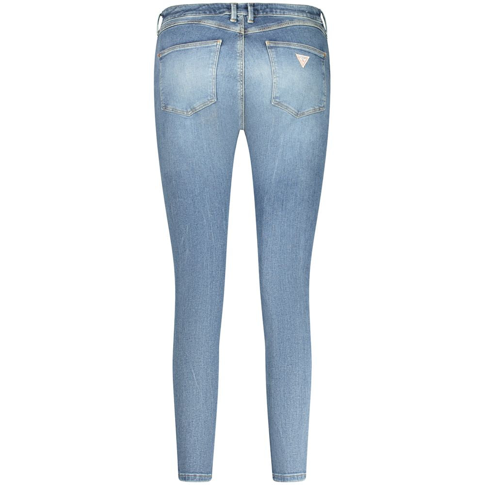 Back view of Guess Jeans blue skinny high jeans with washed effect, recycled cotton, and logo detail.