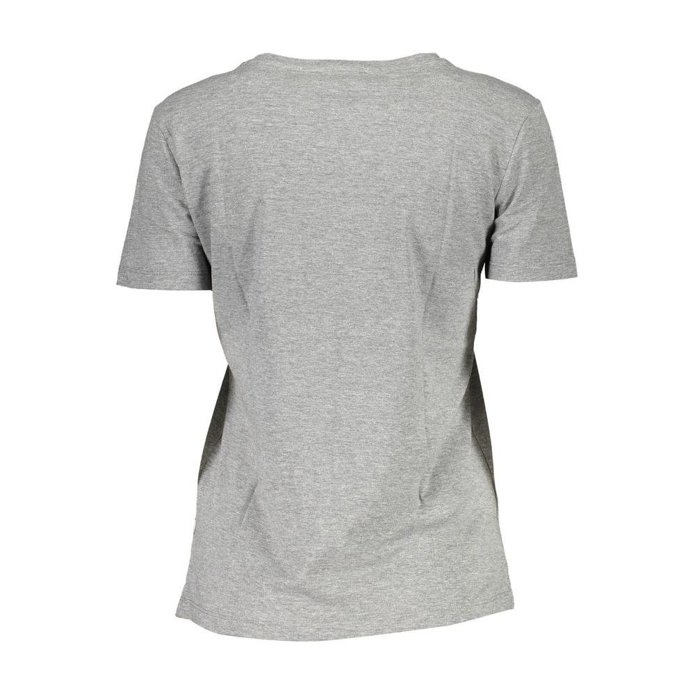 Back view of a plain gray women's short-sleeve t-shirt on a white background.