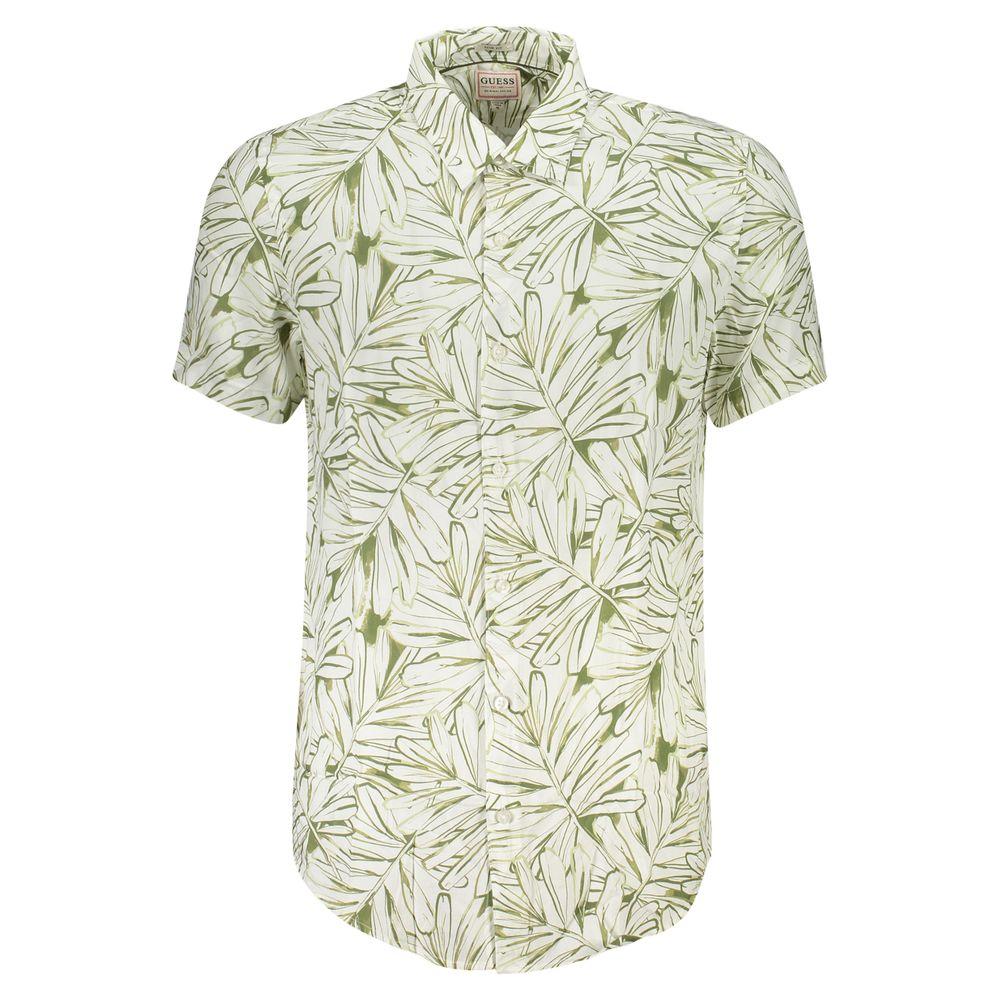 Men's short-sleeve button-up shirt with green leaf pattern, featuring a stylish slim fit and casual design for everyday wear.
