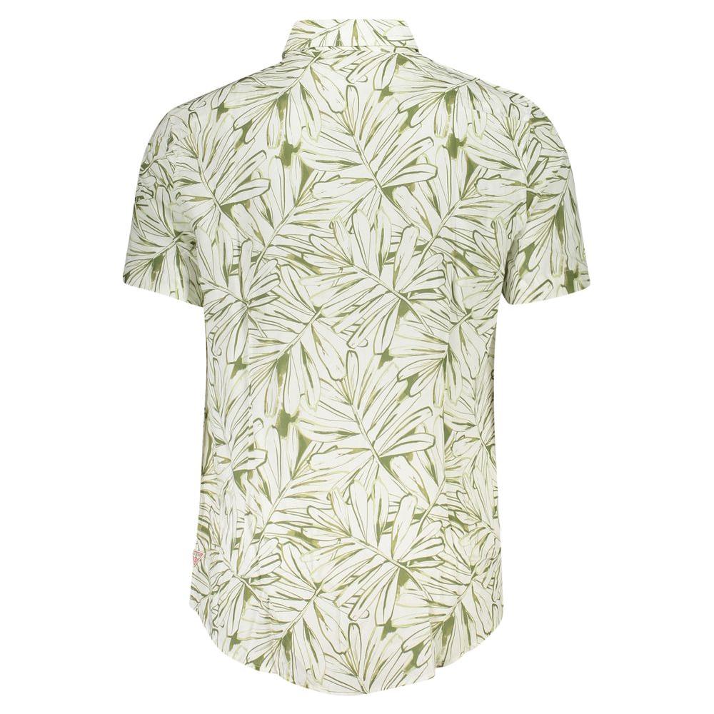 Back view of Guess Jeans white viscose men's shirt with green leaf pattern, showcasing a stylish design perfect for sophisticated wardrobes.