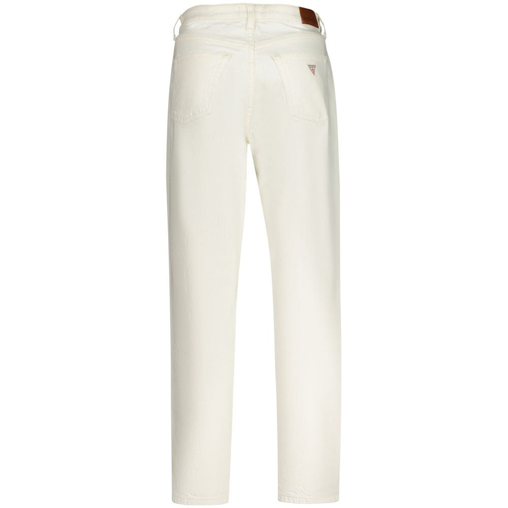 Back view of Guess Jeans white cotton women's mom jeans with high waist and tapered ankle length design.